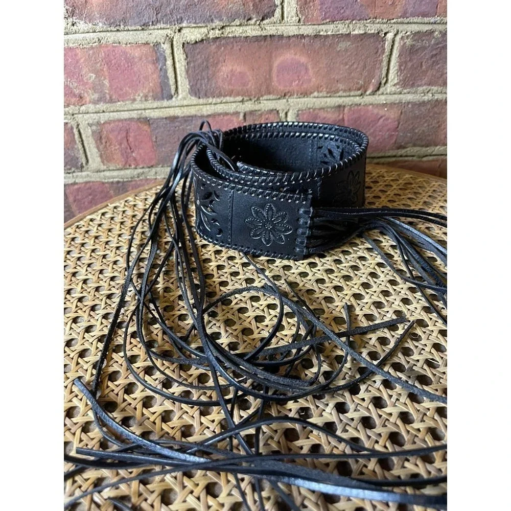 Fossil Braided Fringe Tooled Cut Out Leather Belt Medium